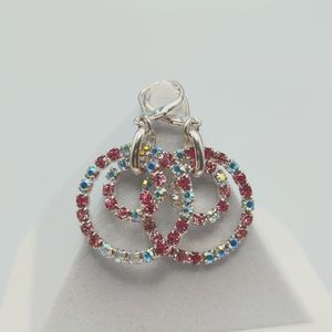 Beautiful Silver Loop Earrings with Pink Rhinestone and Clear/Blue CZ's